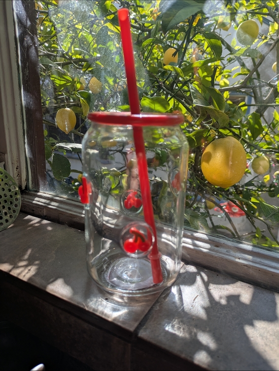 Other - Glass Cherry Accent Jar with Red Lid and Straw